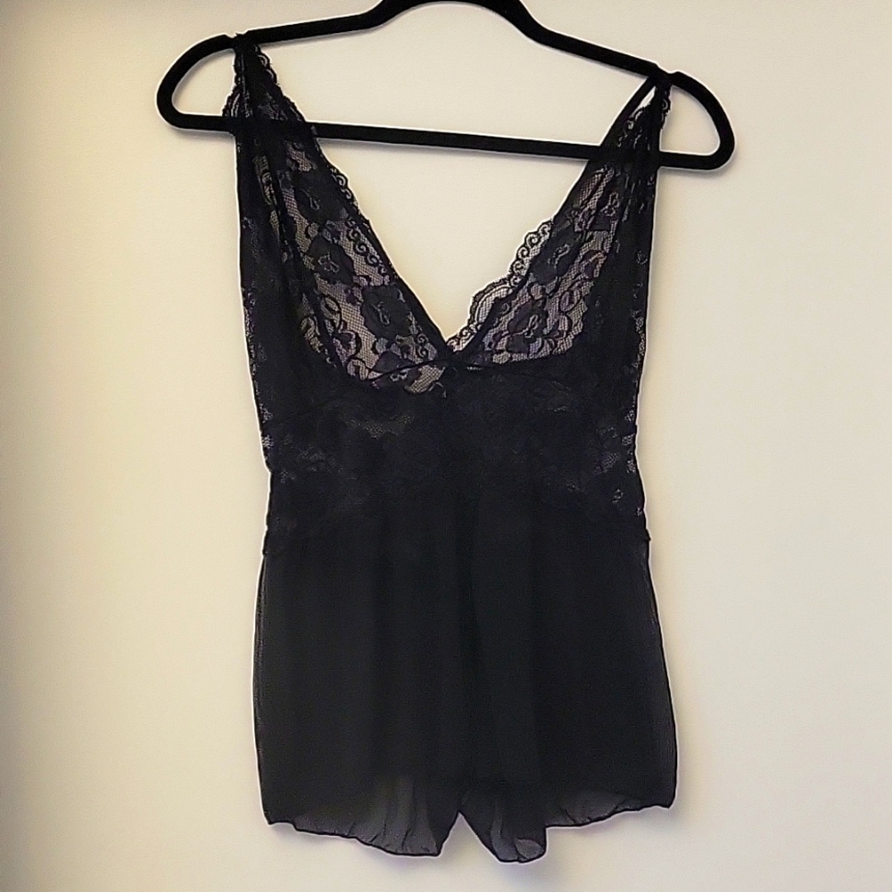 Crotchless Black sheer lace romper, M